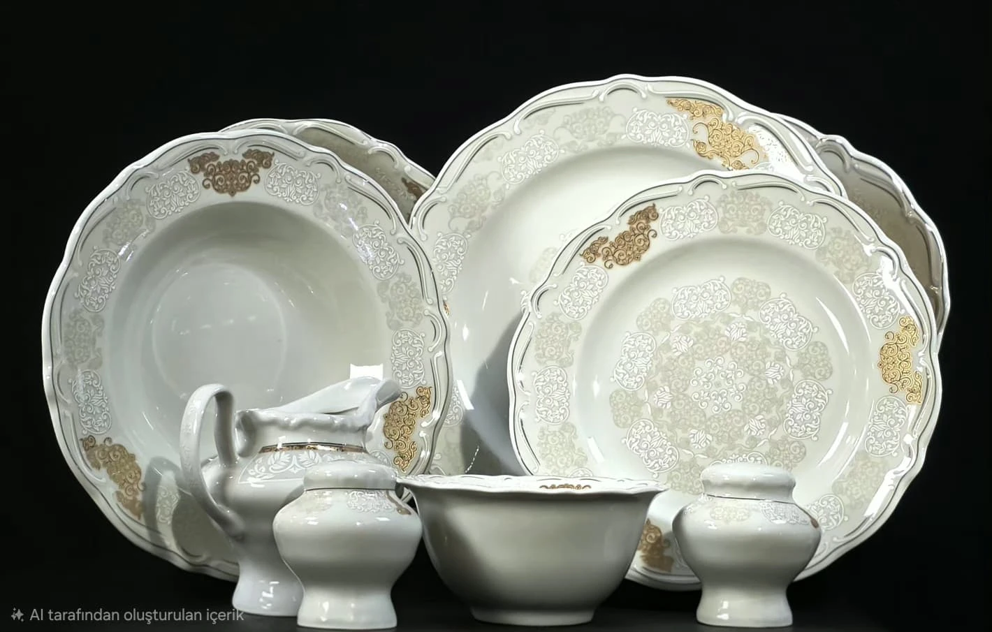 Krem Gold Köşe Desenli Porselen Yemek Takımı