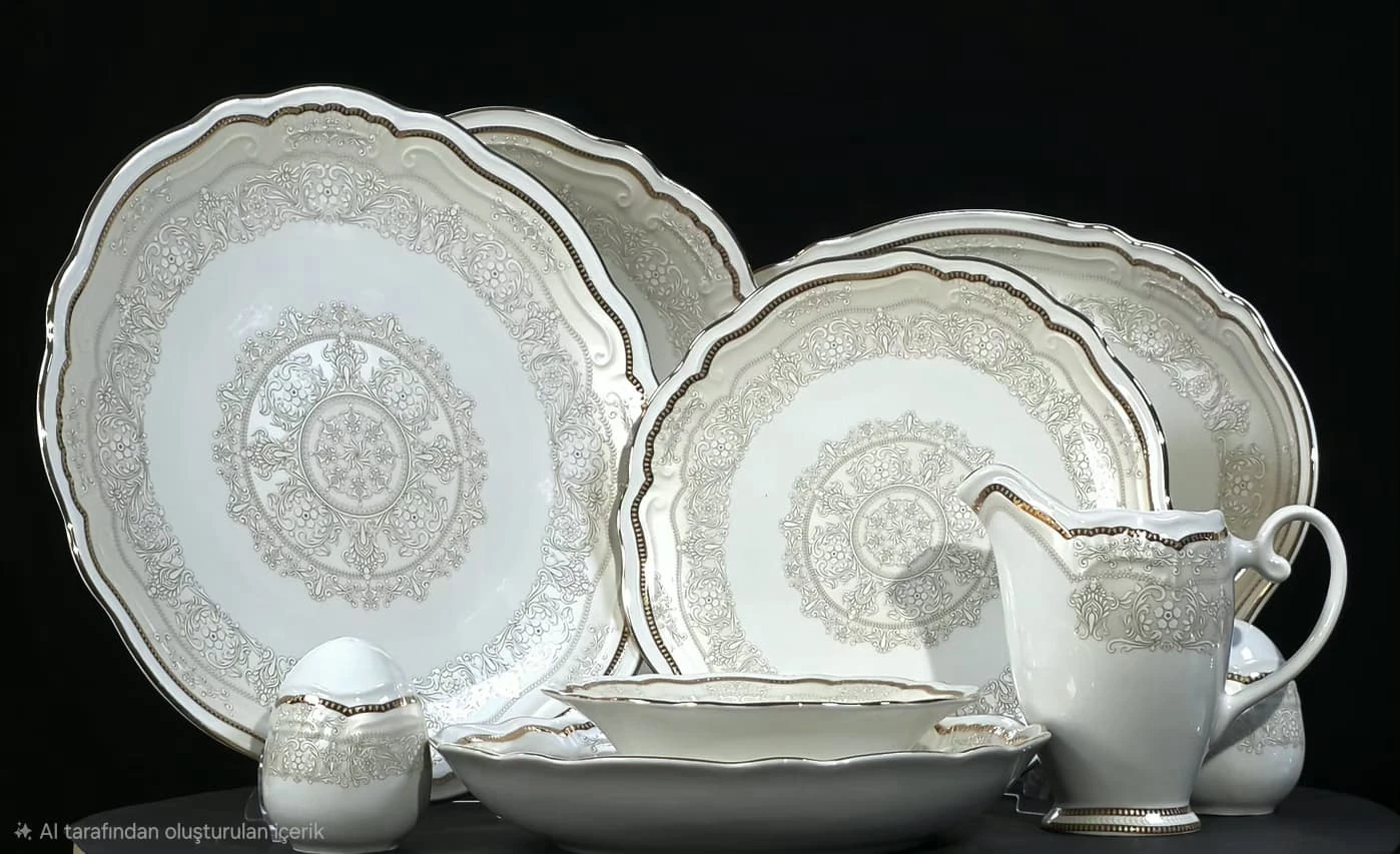 Gri Gold Dantel Desenli Porselen Yemek Takımı