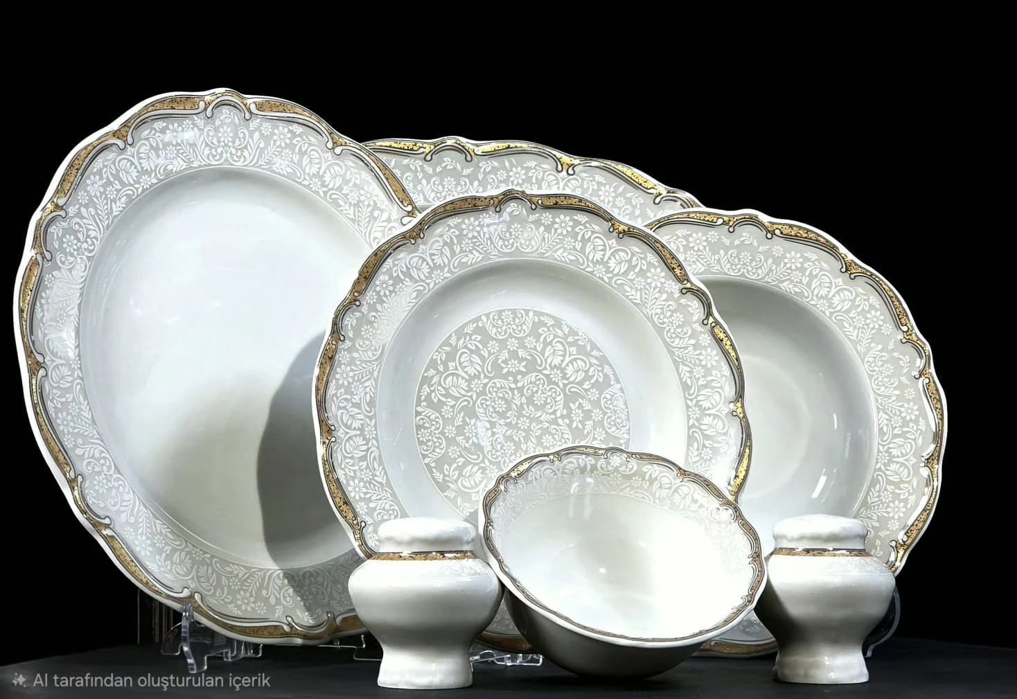 Gri Gold Dantel Desenli Porselen Yemek Takımı