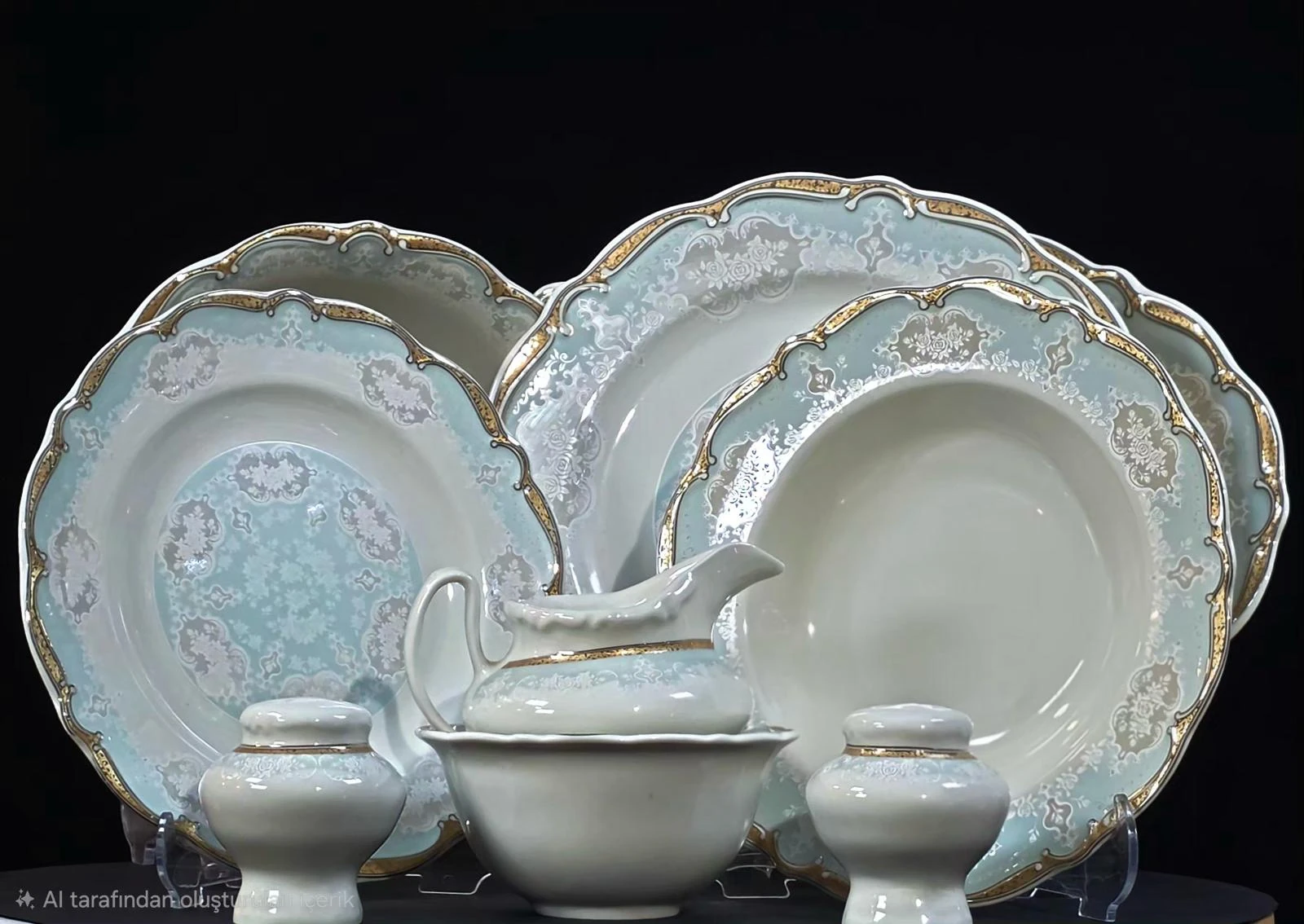 Açık Mavi Gold Desenli Porselen Yemek Takımı