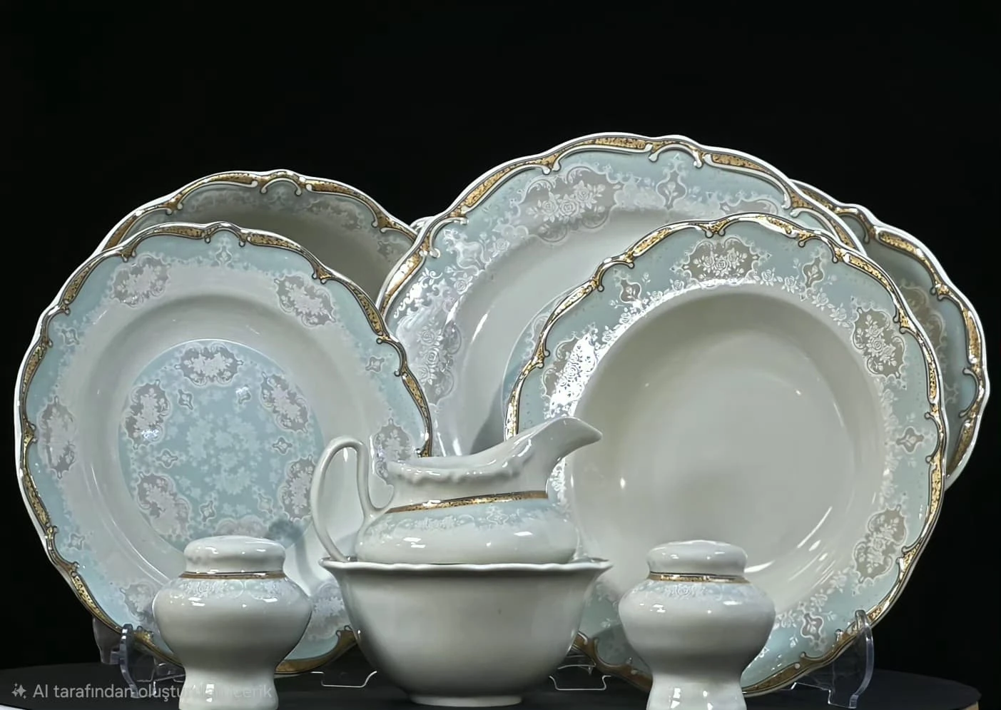 Açık Mavi Gold Desenli Porselen Yemek Takımı