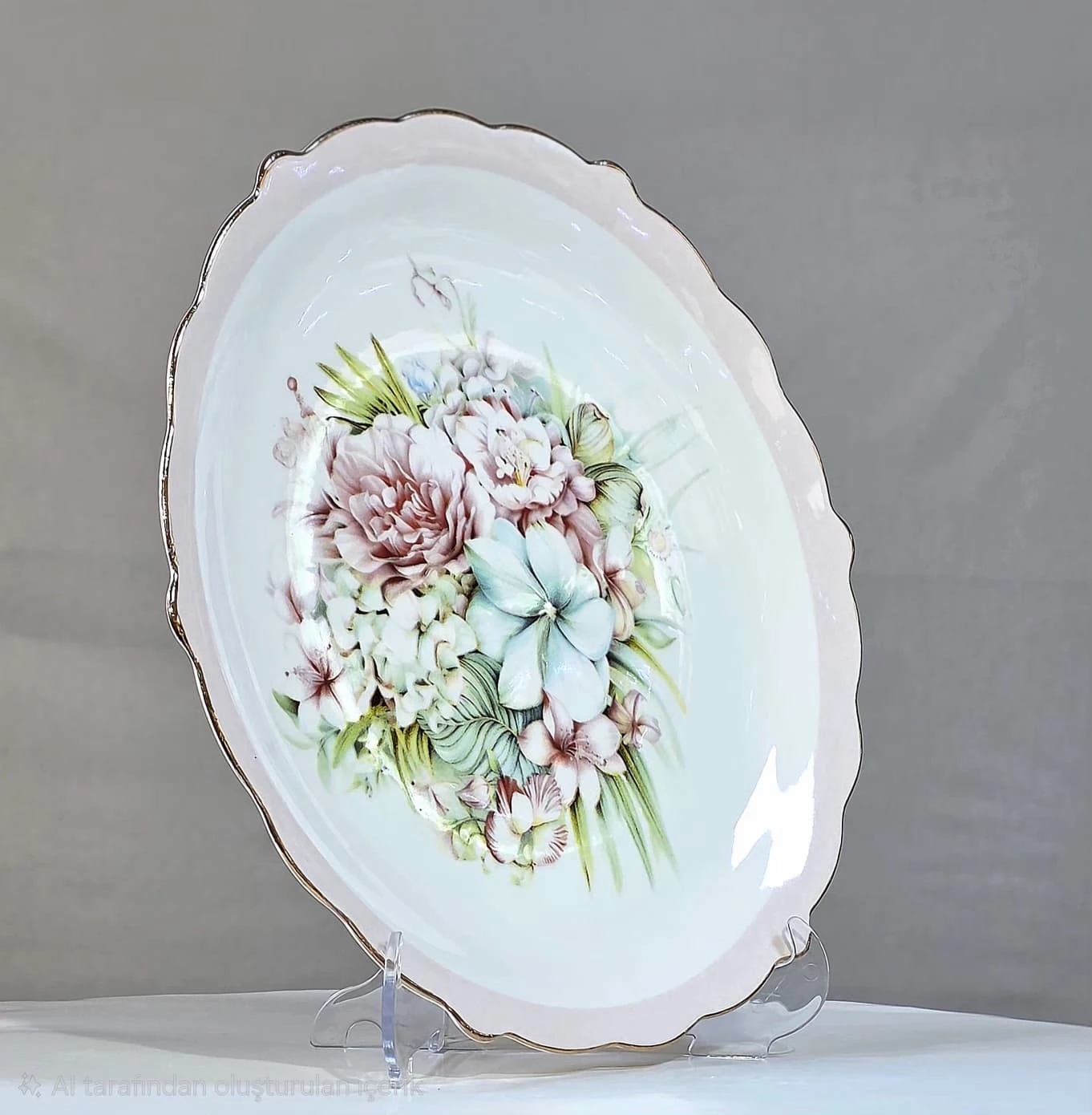 Pastel Mavi Pembe Çiçek Desenli Porselen Yemek Takımı