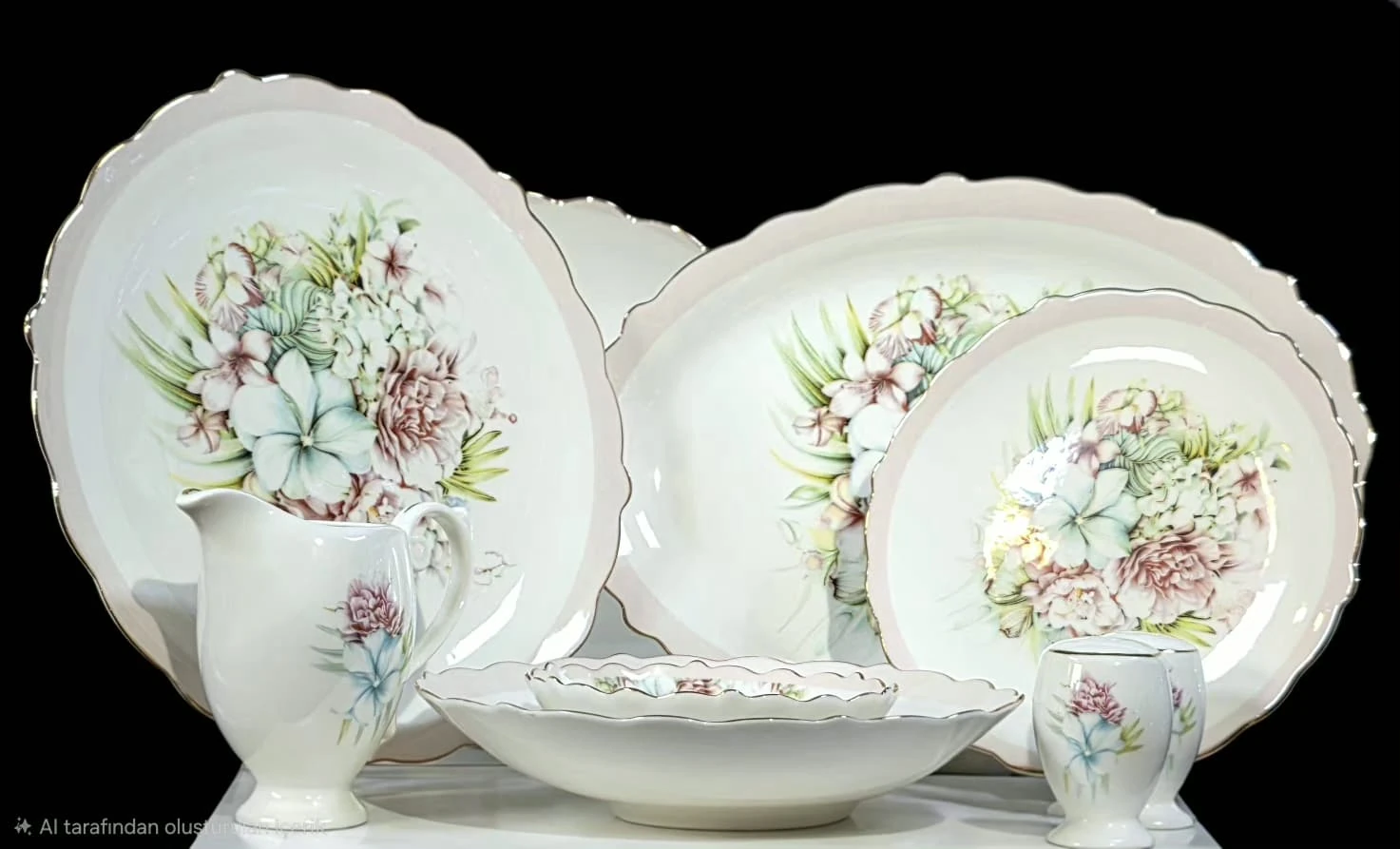 Pastel Mavi Pembe Çiçek Desenli Porselen Yemek Takımı