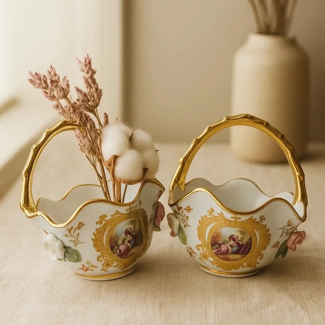 2'li El İşçiliği Porselen Dekoratif Sepet – Altın Yaldızlı, Figürlü ve Çiçek Kabartmalı