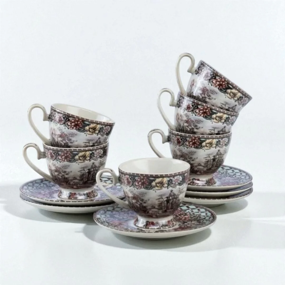 İthal Fine Porcelain Çiçek Desenli 6 Kişilik Fincan Takımı