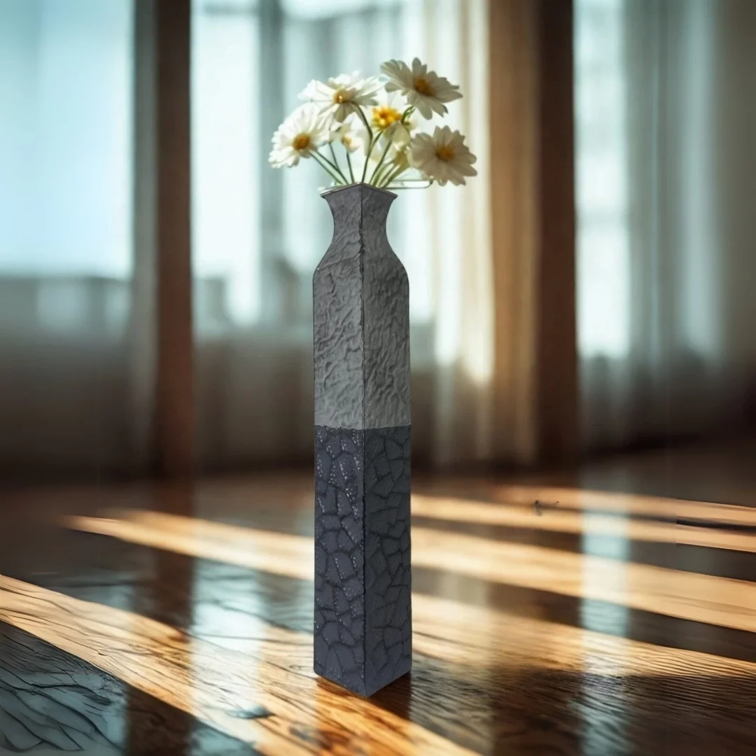 Siyah-Gri Seramik Görünümlü Dekoratif Vazo – Modern Kare Form