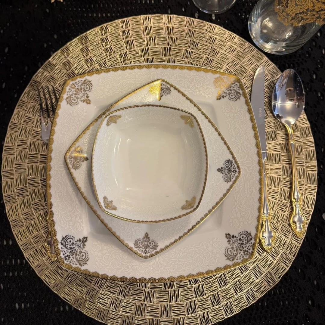 24 Parça 6 Kişilik Kare Porselen Yemek Takımı – Altın Varak Desenli