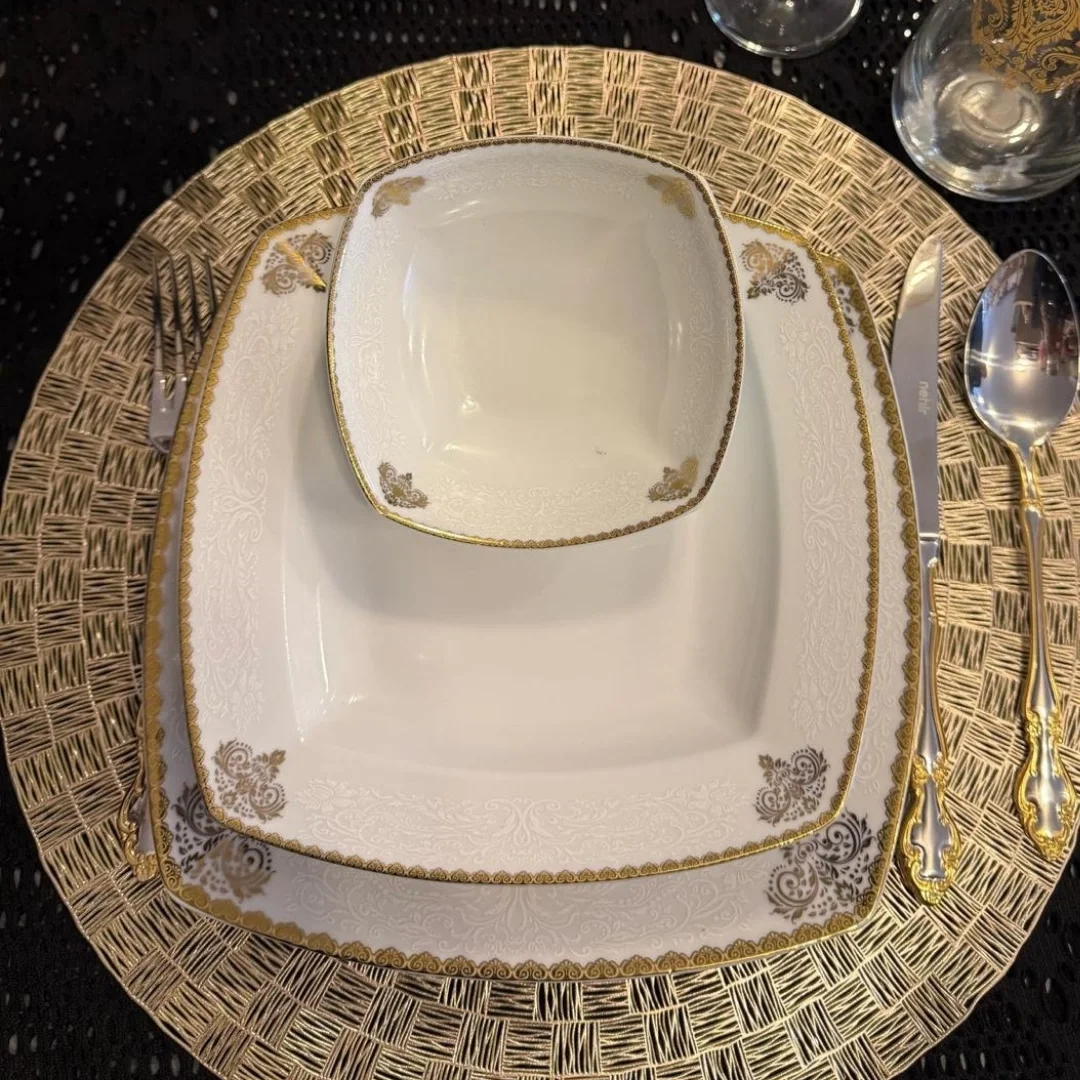 24 Parça 6 Kişilik Kare Porselen Yemek Takımı – Altın Varak Desenli