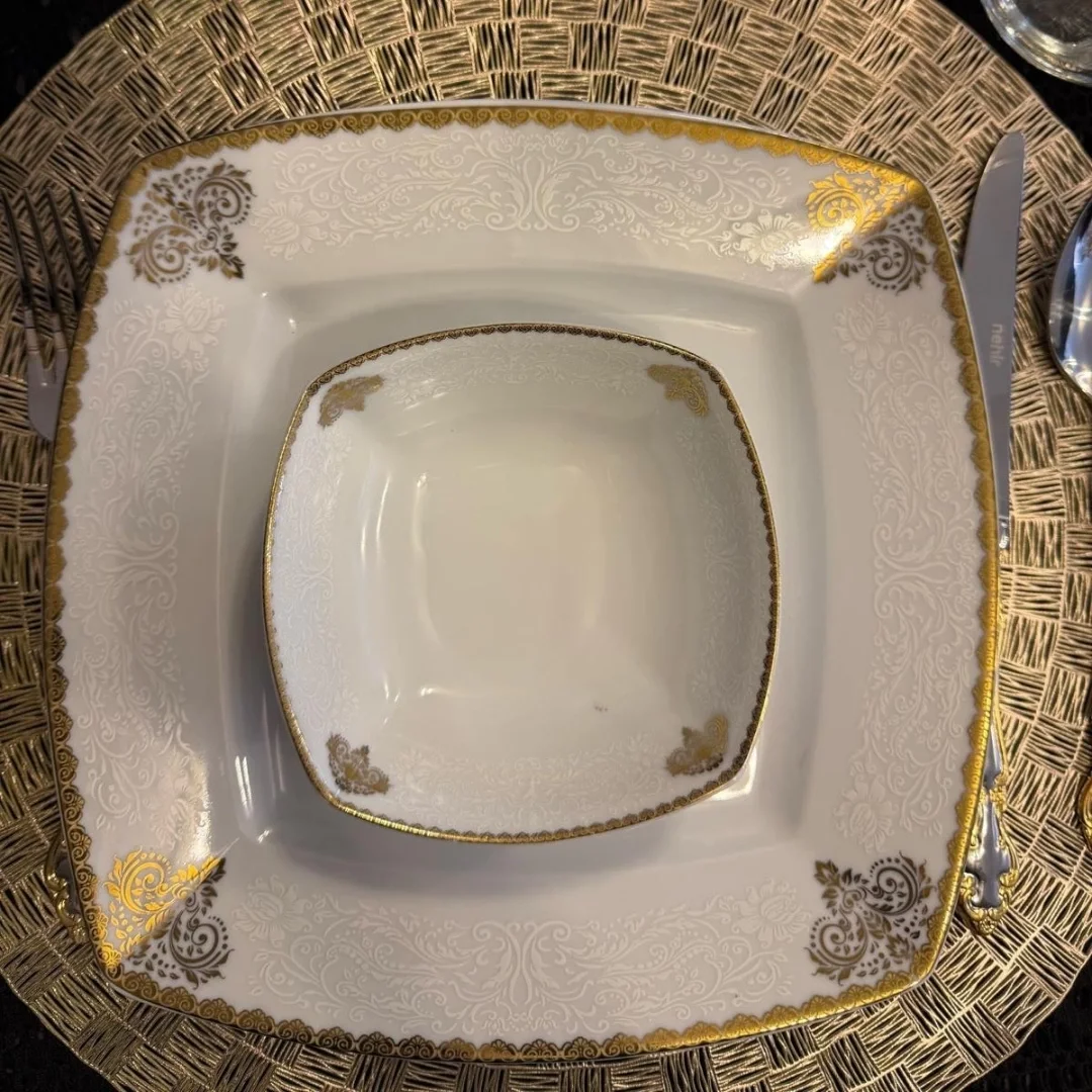 24 Parça 6 Kişilik Kare Porselen Yemek Takımı – Altın Varak Desenli