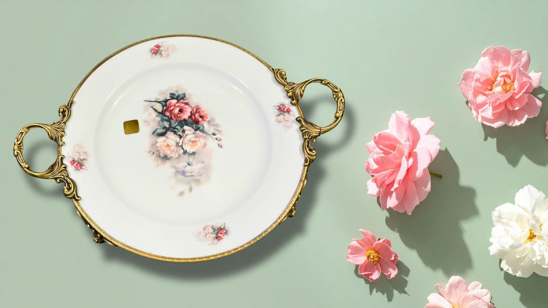 Limoge Çiçek Desenli Altın Kulplu Porselen Sunum Tabağı – 40×31 cm (Ayaklı)