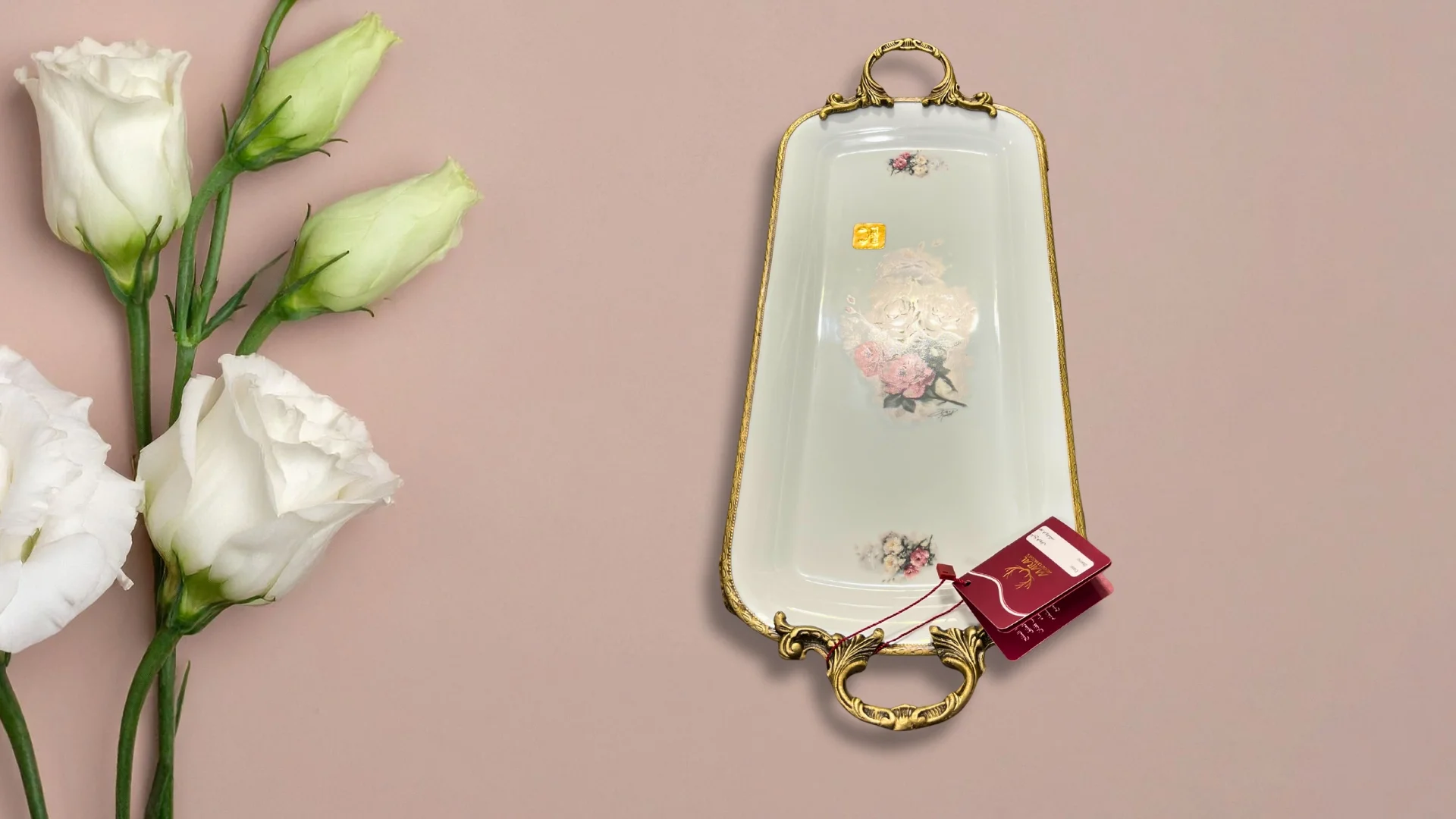 Limoge Çiçek Desenli Altın Kulplu Dikdörtgen Porselen Sunum Tabağı – 39×19 cm (Ayaklı)