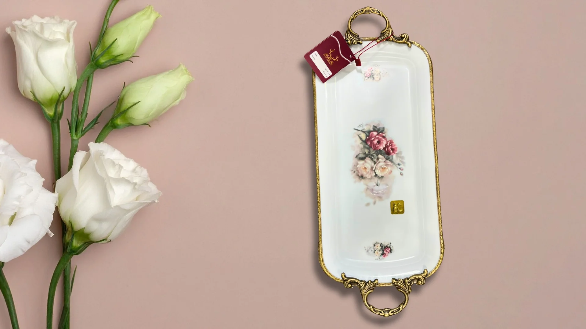 Limoge Çiçek Desenli Altın Kulplu Dikdörtgen Porselen Sunum Tabağı – 39×19 cm (Ayaklı)