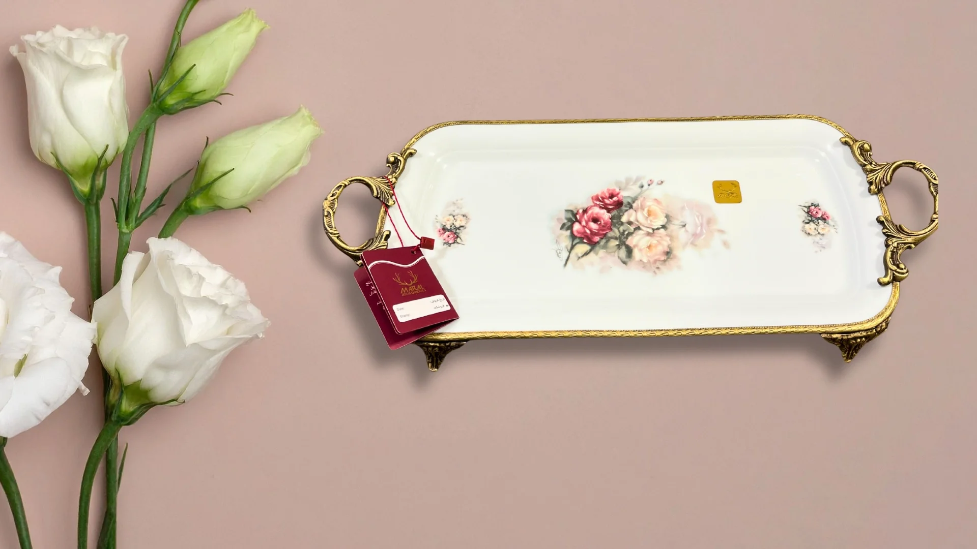 Limoge Çiçek Desenli Altın Kulplu Dikdörtgen Porselen Sunum Tabağı – 39×19 cm (Ayaklı)