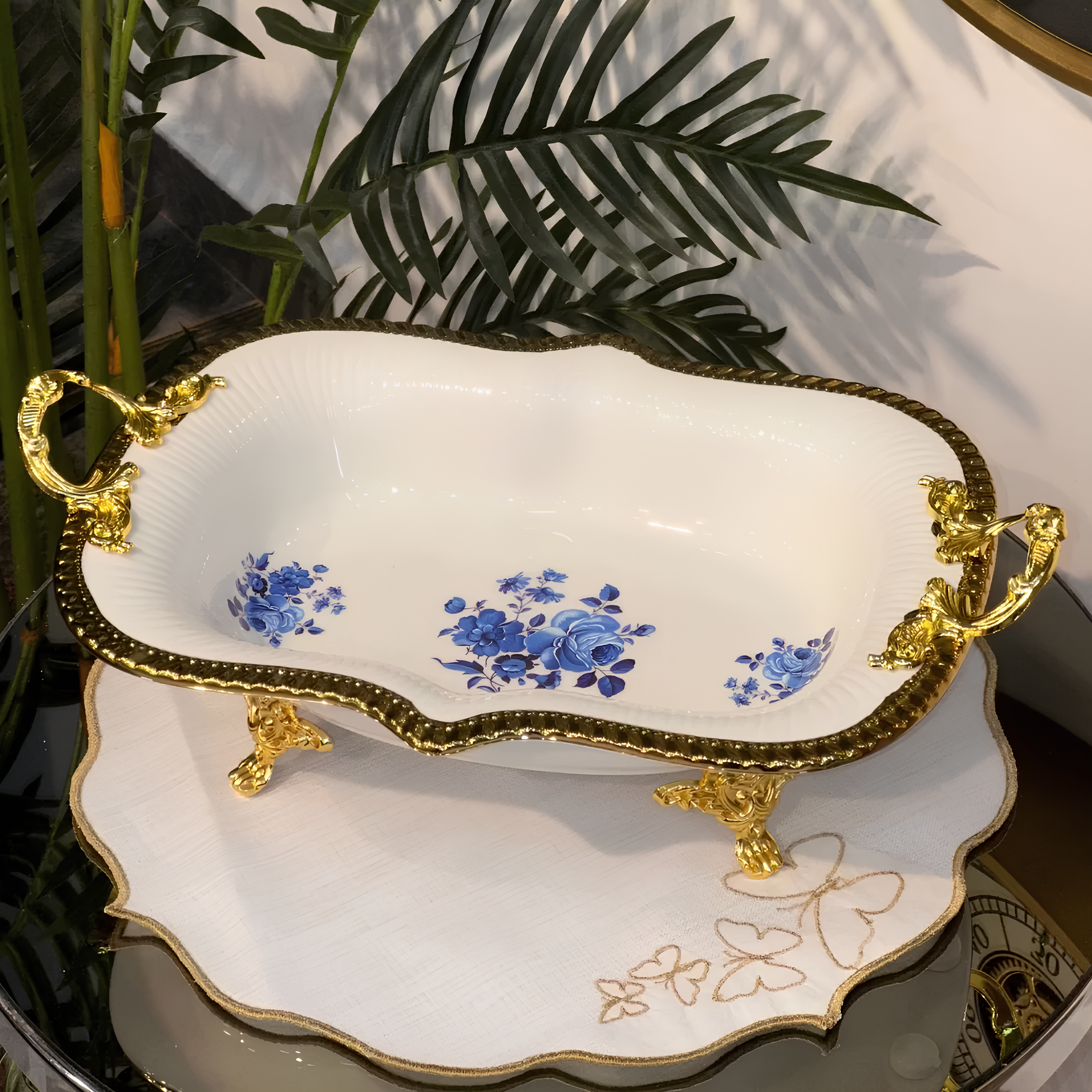 Altın Varaklı Porselen Oval Sunum Tabağı