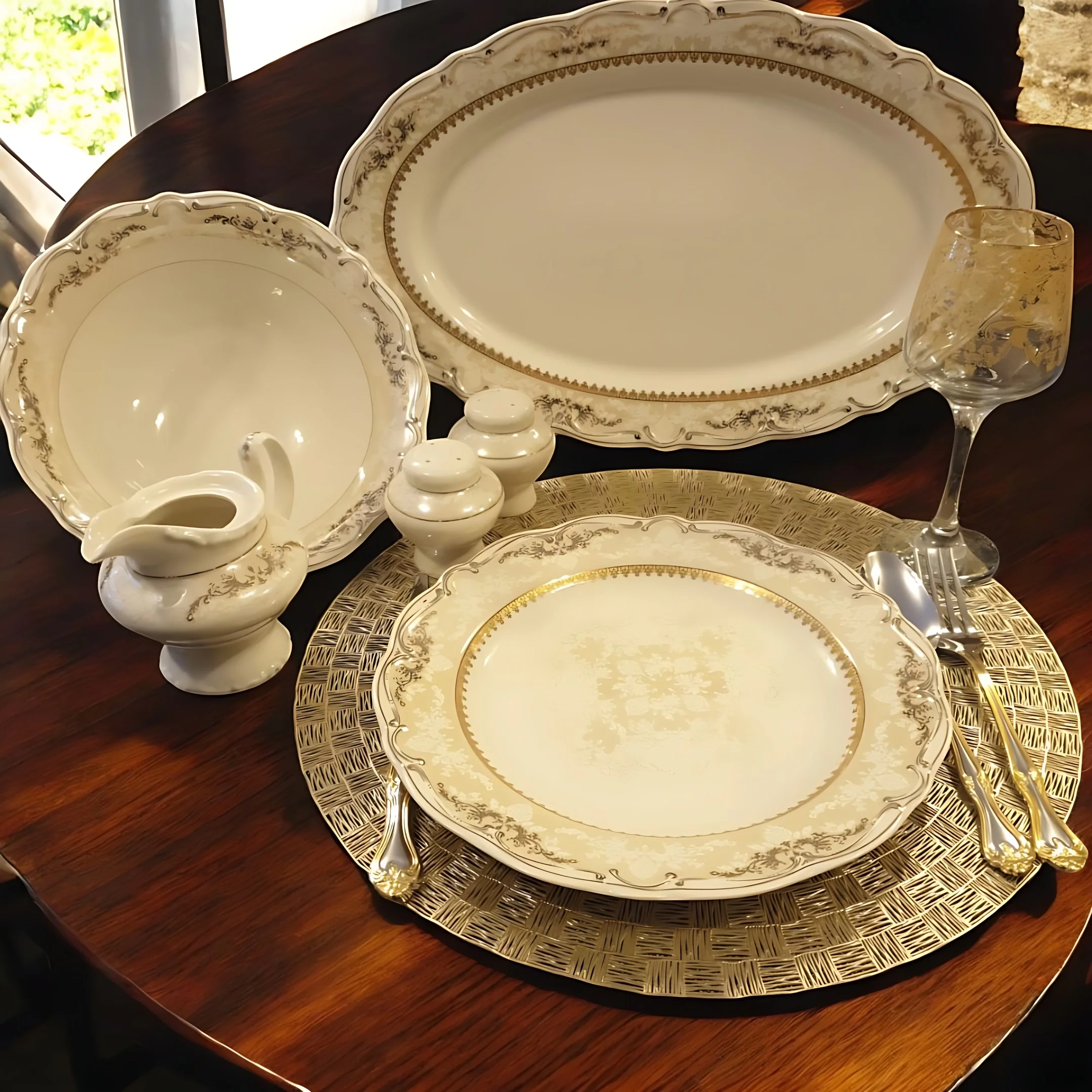 Altın ve Gümüş İşlemeli Porselen Yemek Takımı 56 Parça 12 Kişilik