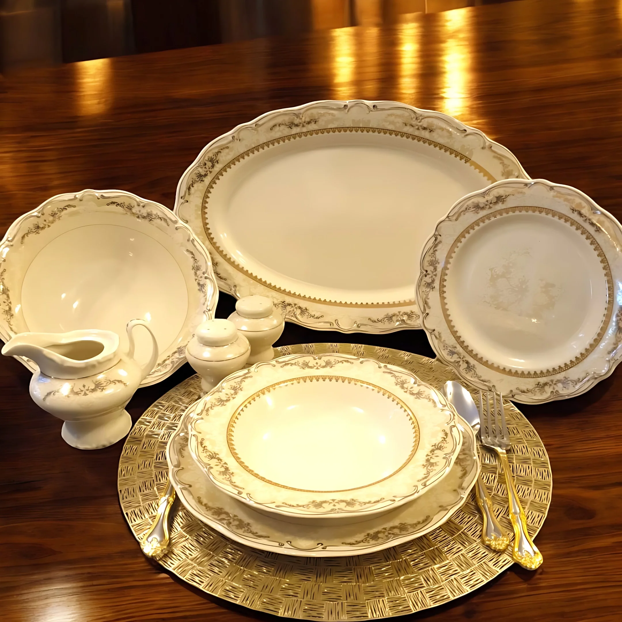 Altın ve Gümüş İşlemeli Porselen Yemek Takımı 56 Parça 12 Kişilik