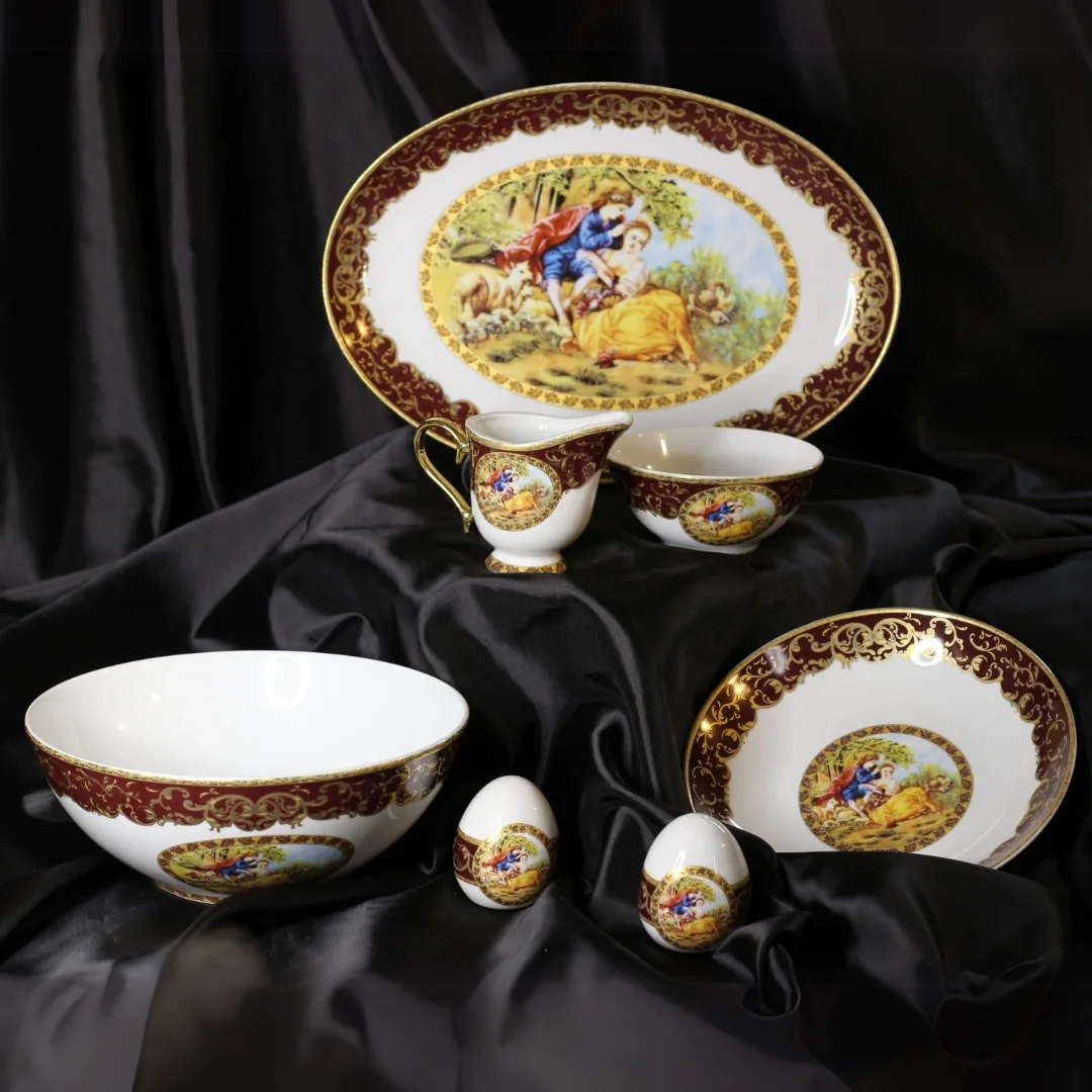 12 Kişilik 52 Parça Rokoko Tarzı Altın Yaldızlı Yemek Takımı