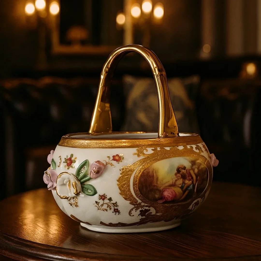 El Boyaması Altın Yaldızlı Porselen Dekoratif Sepet