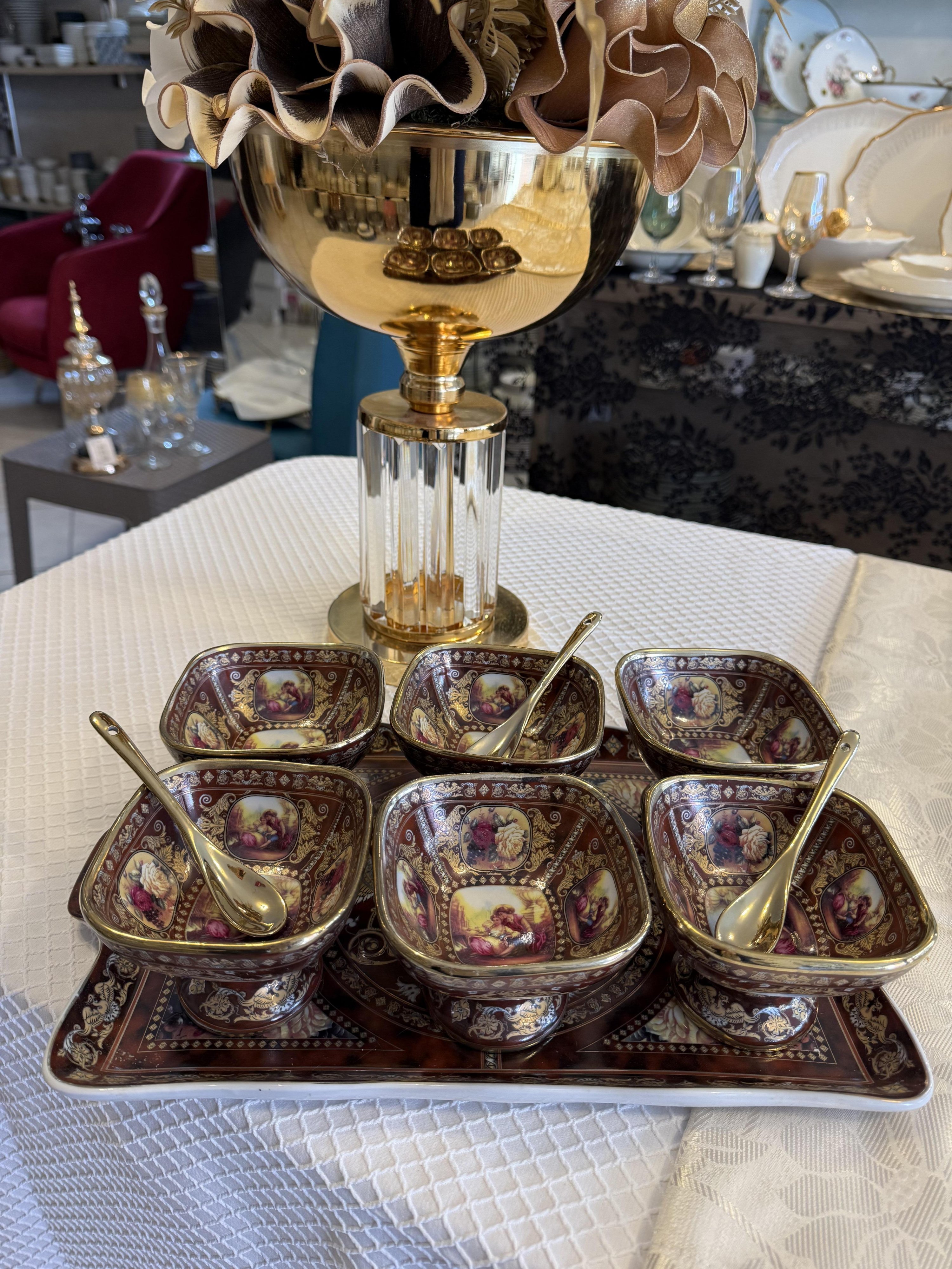 İthal Fine Porcelain Altın Yaldızlı Tepsi ve 6’lı Dondurmalık Seti