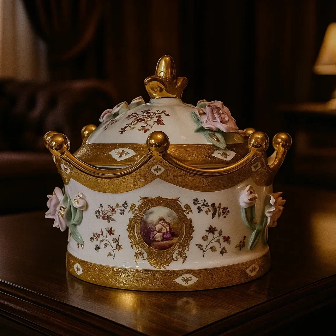 Kraliyet Tacı Formunda El Boyaması Altın Yaldızlı Porselen Obje