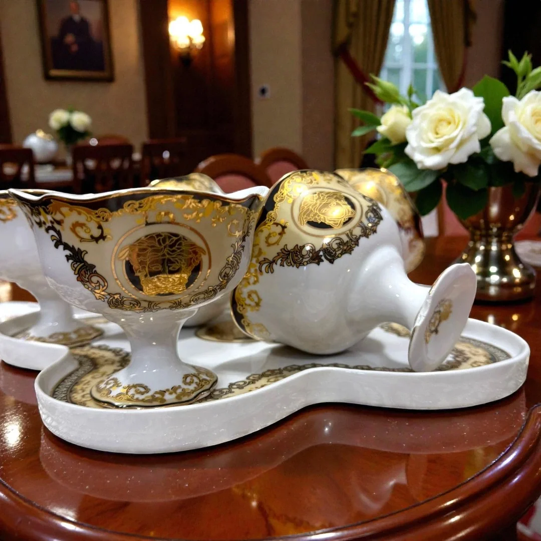 Lüks Desenli 6’lı Porselen Ayaklı Dondurmalık Seti – Altın Detaylı