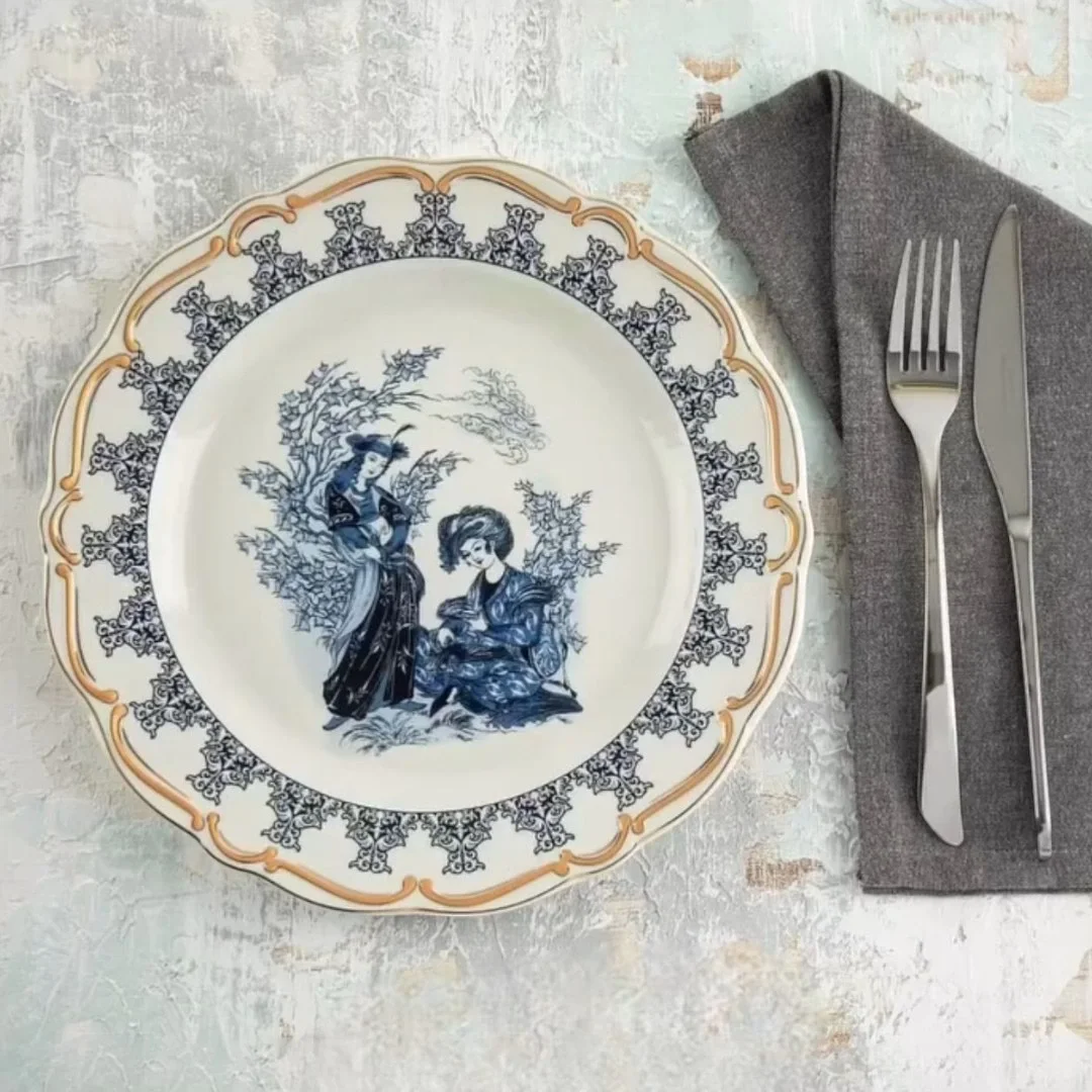 Vintage Desenli Porselen Yemek Takımı 56 Parça 12 Kişilik