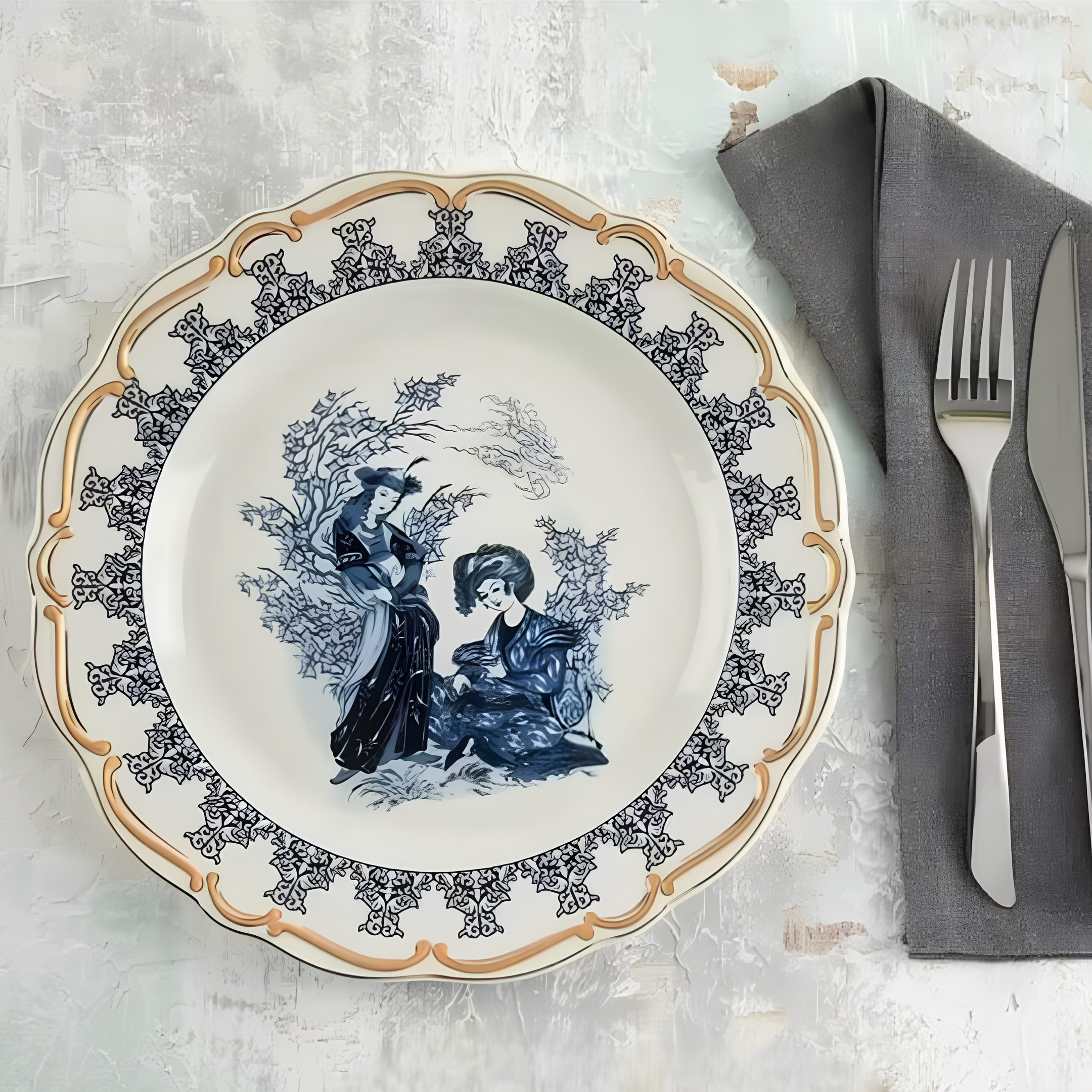 Vintage Desenli Porselen Yemek Takımı 56 Parça 12 Kişilik