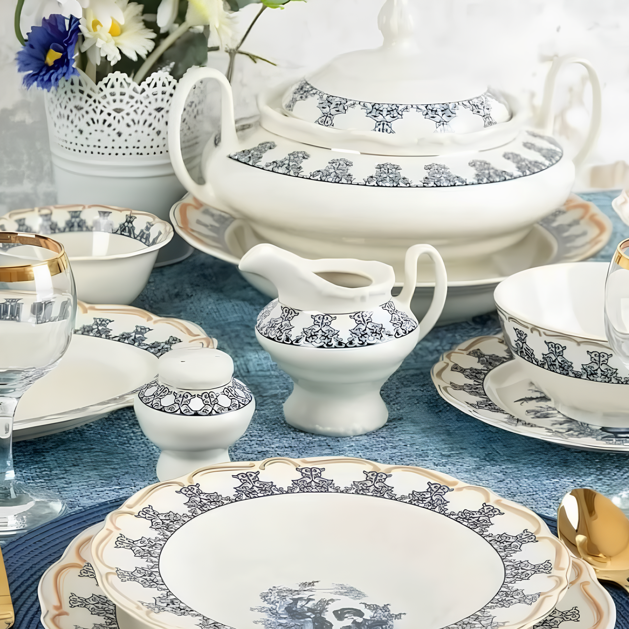 Vintage Desenli Porselen Yemek Takımı 56 Parça 12 Kişilik