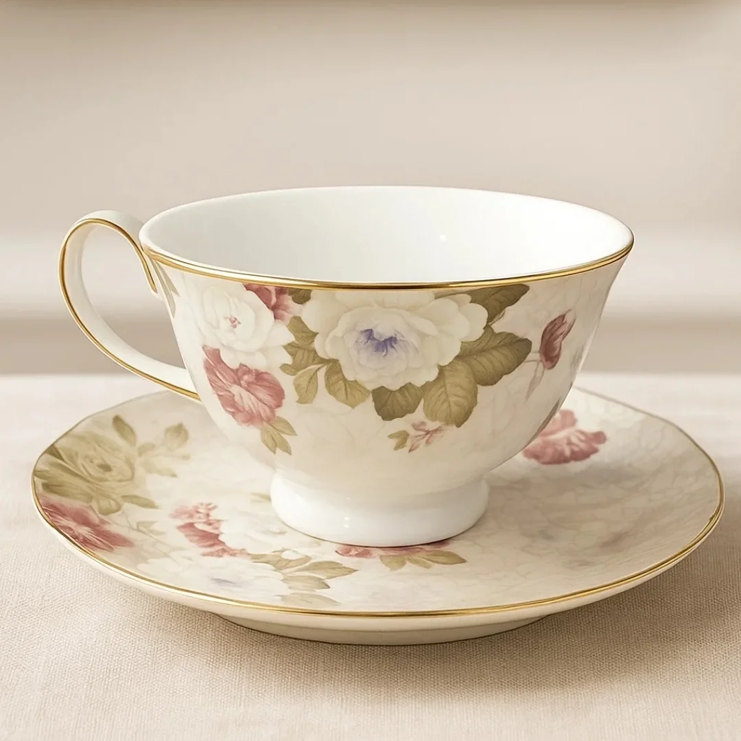 Vintage Gold Rose Desenli 6'lı Porselen Çay Fincanı Takımı