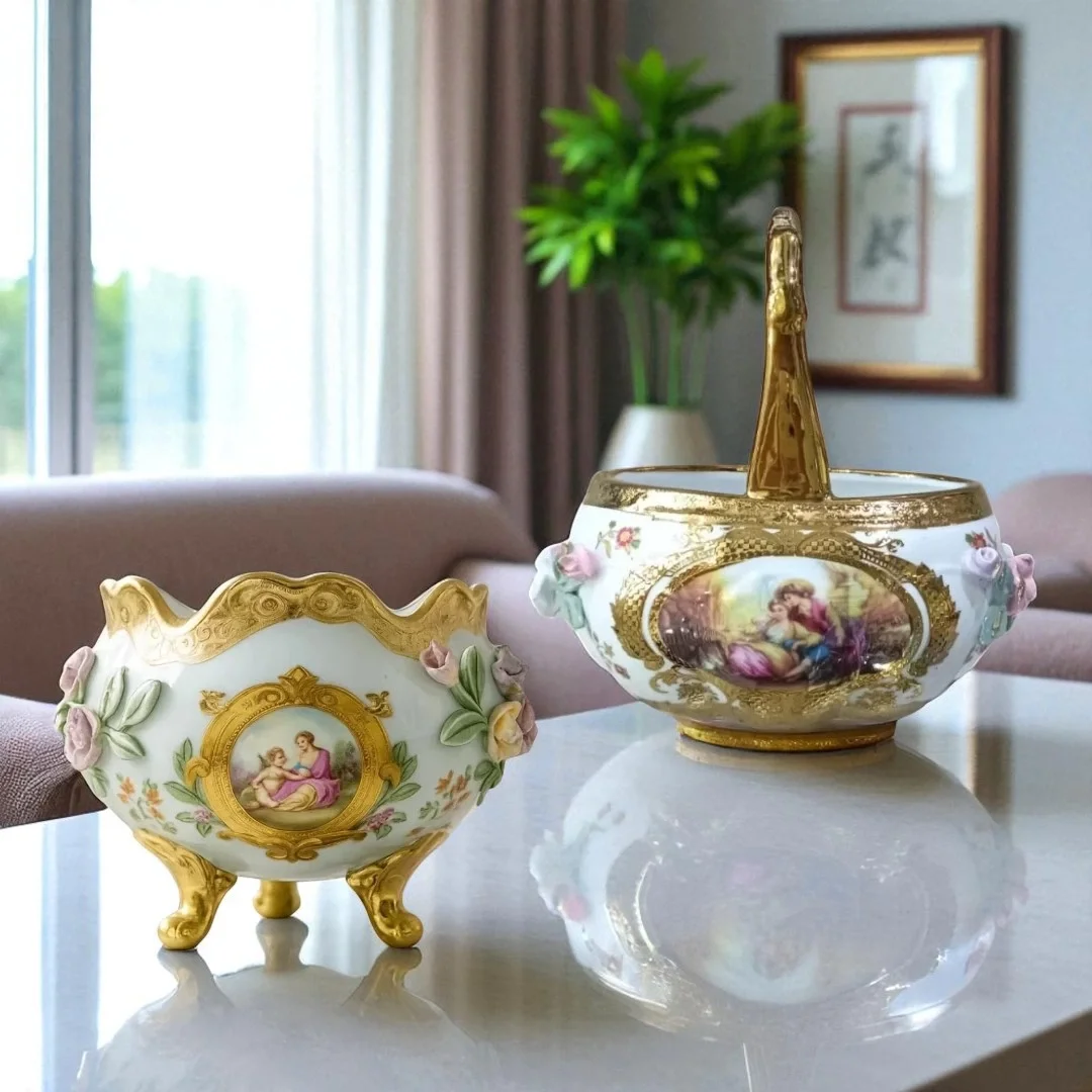 El İşçiliği Altın Yaldızlı Porselen Dekoratif Kase Seti (2'li)